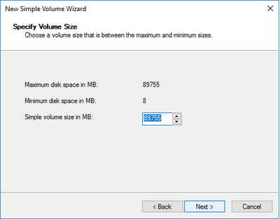specify volume partition size windows 10