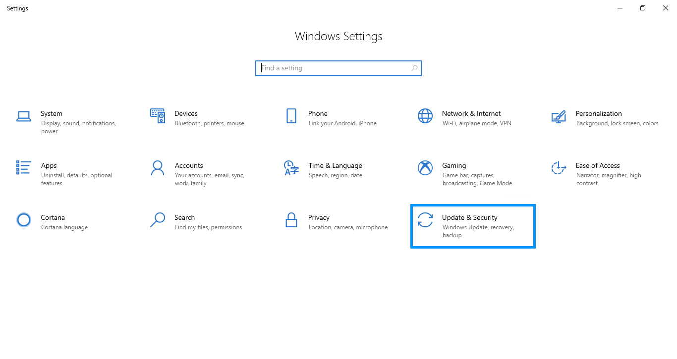 update and security settings windows 10