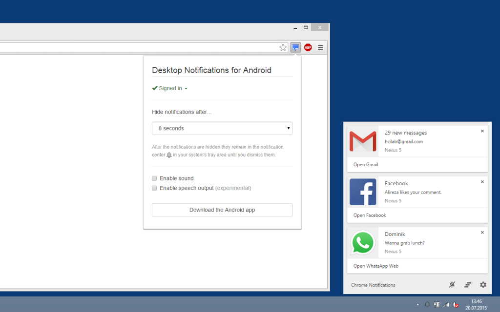 desktop notifications for android