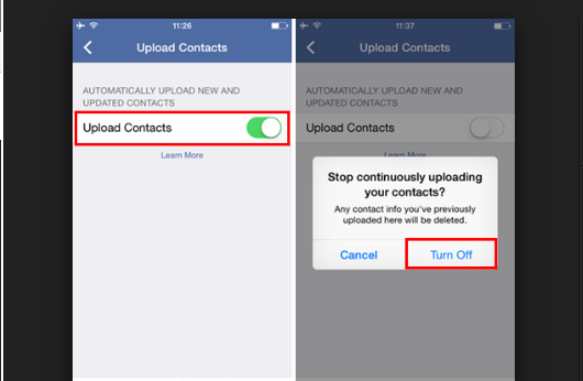 stop contacts upload on facebook