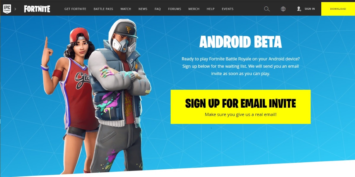Signup for Fortnite Battle Royale on Android