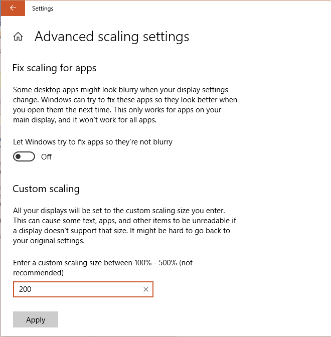 advanced scaling settings windows 10