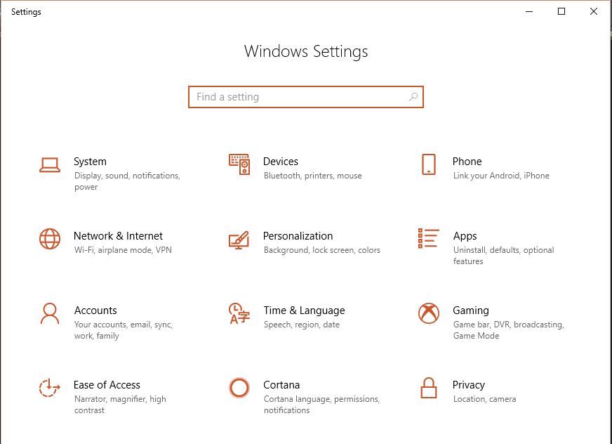 settings panel windows 10