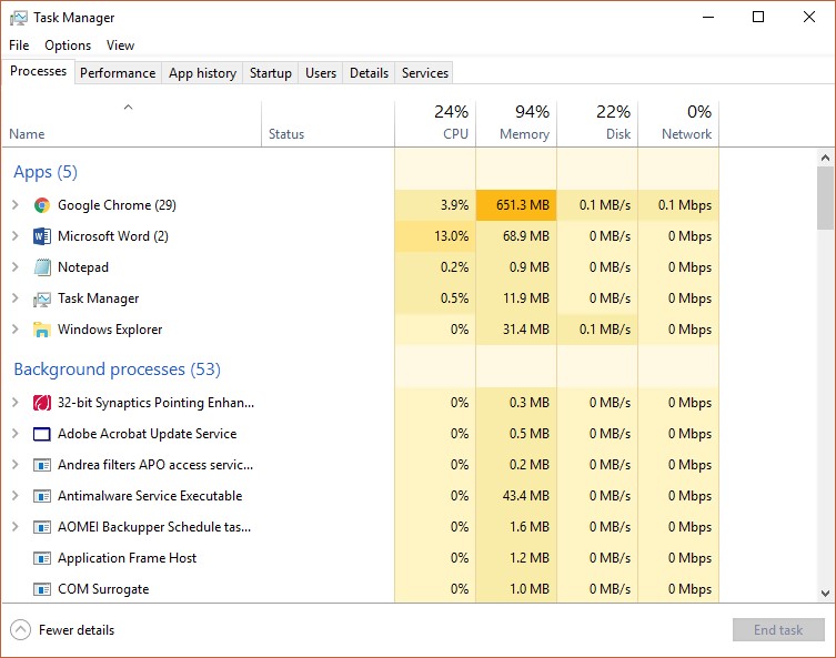 task manager processes windows 10