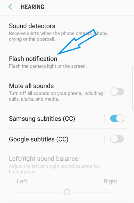 accessibility flash notification setting on samsung s7