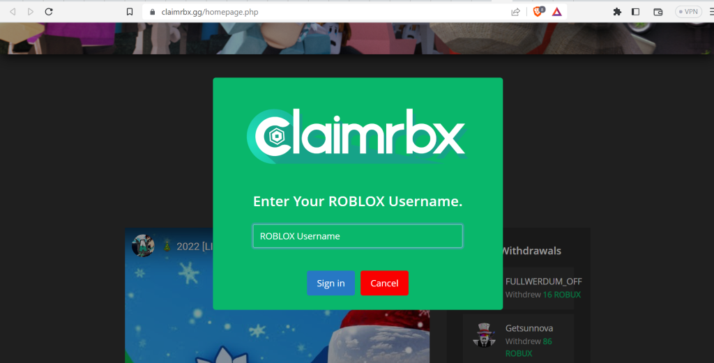 claimrbx login with username